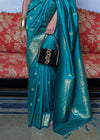 Bondi Blue Dual Tone Zari Woven Handloom Banarasi Silk Saree