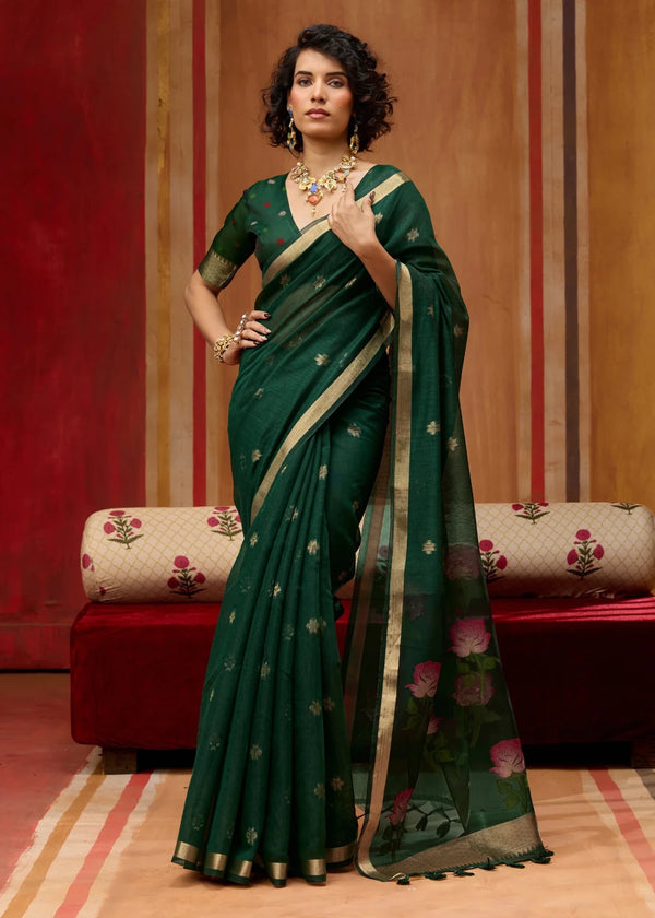 Bottle Green Cotton Silk Saree