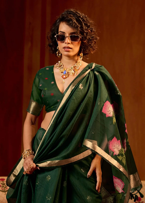 Bottle Green Cotton Silk Saree