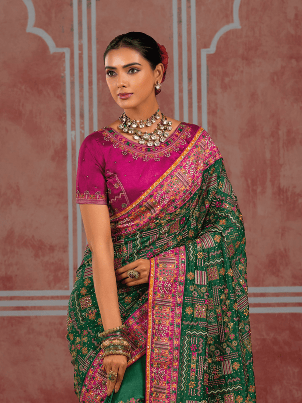 Bottle Green Embroidered Designer Satin Silk Saree