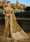 Brass Brown Zari Woven Embroidery Banarasi Designer Silk Saree