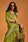 Brass Green Handloom Satin Silk Saree