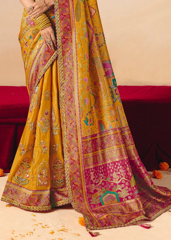 Bright Mustard Yellow Pichwai Designer Dola Silk Saree