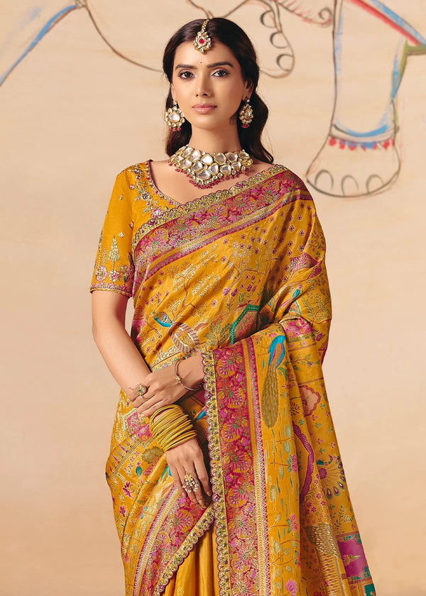 Bright Mustard Yellow Pichwai Designer Dola Silk Saree