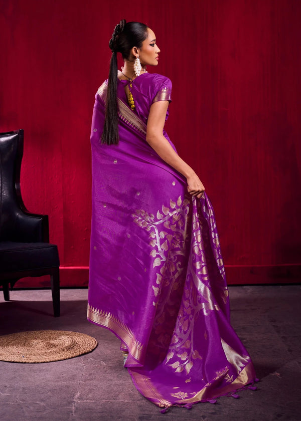 Bright Purple Banarasi Satin Silk Saree