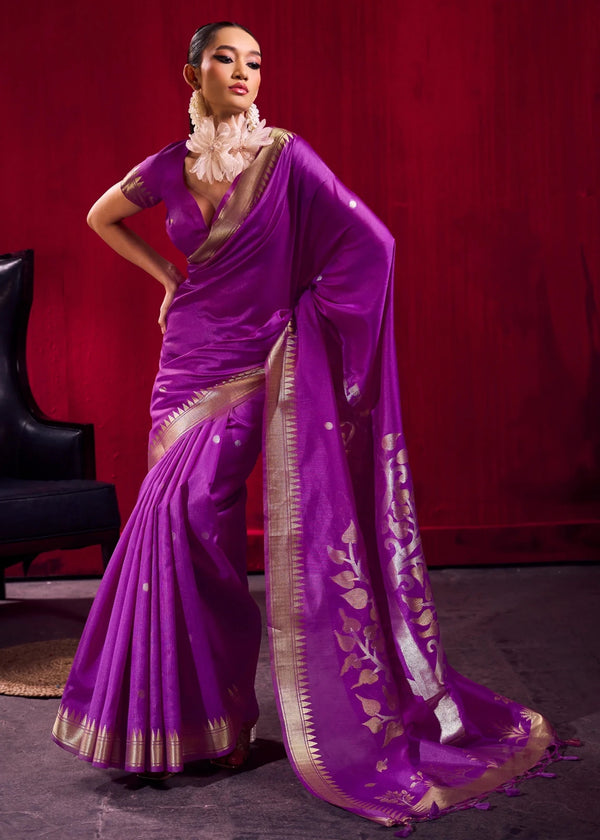 Bright Purple Banarasi Satin Silk Saree