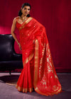 Bright Red Banarasi Satin Silk Saree