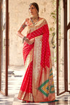 Bright Red Banarasi Soft Silk Saree With Gold Zari