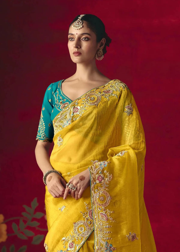 Bright Yellow Designer Silk Saree with Contrast Blouse