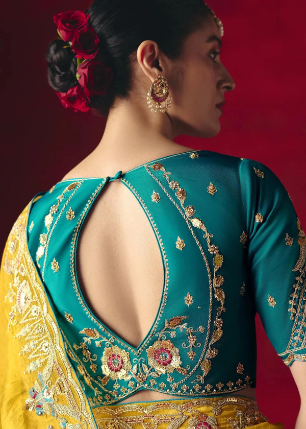 Bright Yellow Designer Silk Saree with Contrast Blouse