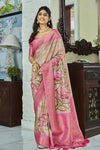 Brown And Pink Banarasi Soft Silk Saree With Floral Prints