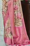 Brown And Pink Banarasi Soft Silk Saree With Floral Prints