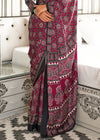 Burgandy Purple Ajrakh Satin Crepe Saree