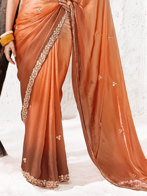 Burnt Orange Embroidered Designer Organza Silk Saree With Contrast Blouse