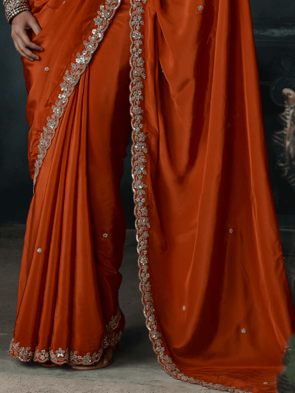Burnt Orange Embroidered Designer Satin Silk Saree