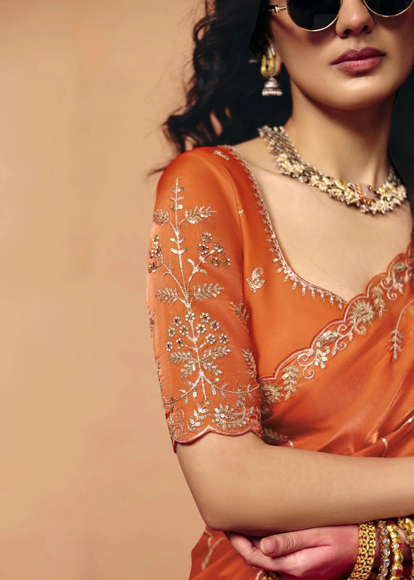 Burnt Orange Organza Silk Designer Saree