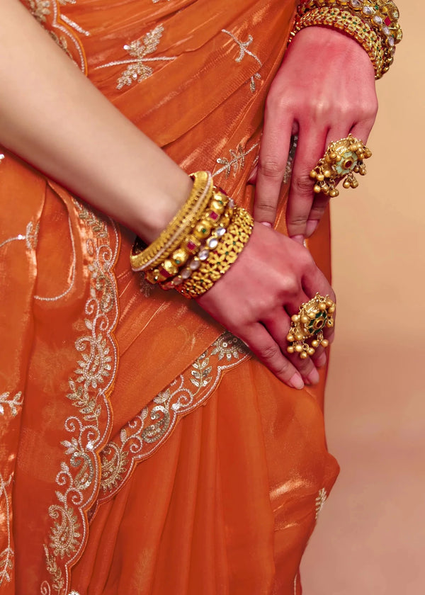 Burnt Orange Organza Silk Designer Saree