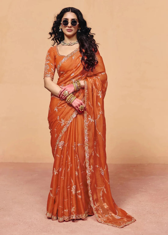 Burnt Orange Organza Silk Designer Saree