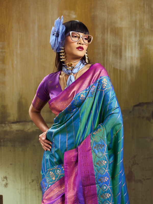 Peacock Blue Kanjivaram Silk Saree With Contrast Blouse