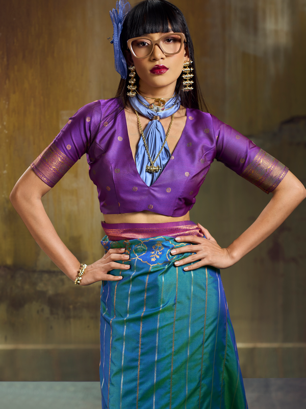 Peacock Blue Kanjivaram Silk Saree With Contrast Blouse