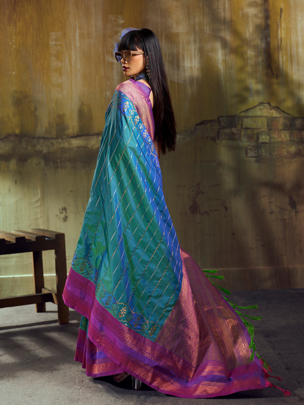 Peacock Blue Kanjivaram Silk Saree With Contrast Blouse