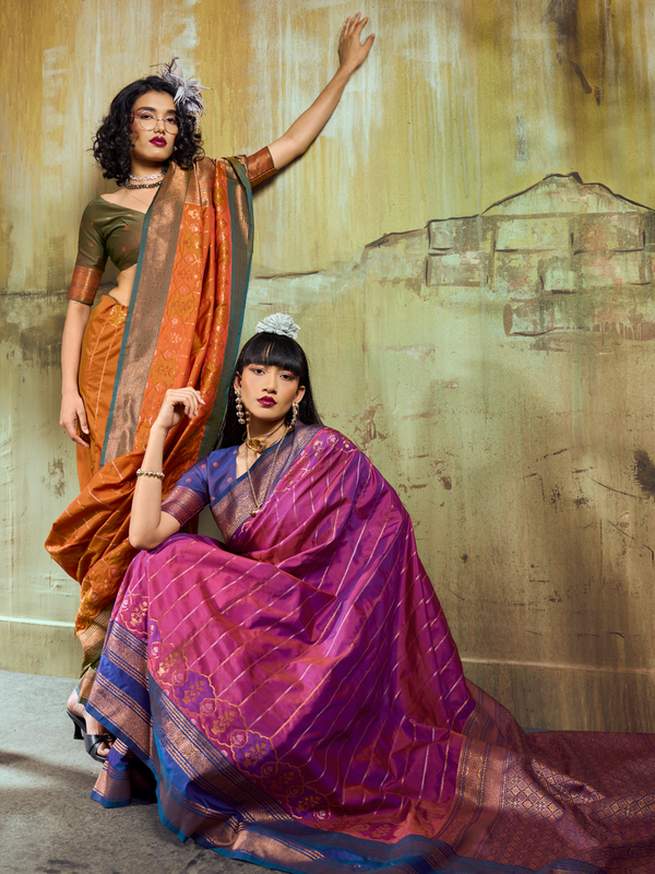 Rani Pink Kanjivaram Silk Saree With Contrast Blouse