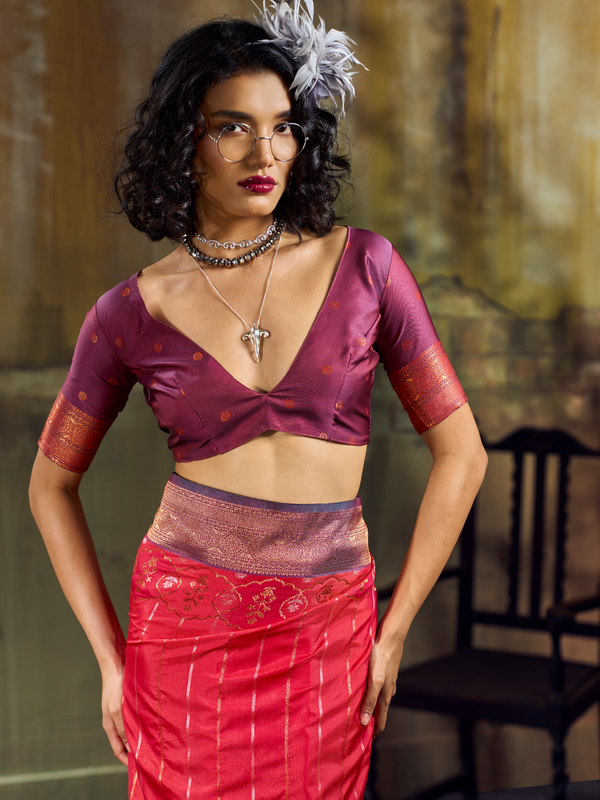 Crimson Red Kanjivaram Silk Saree With Contrast Blouse
