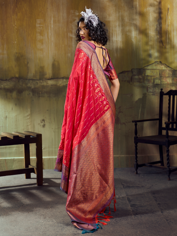 Crimson Red Kanjivaram Silk Saree With Contrast Blouse