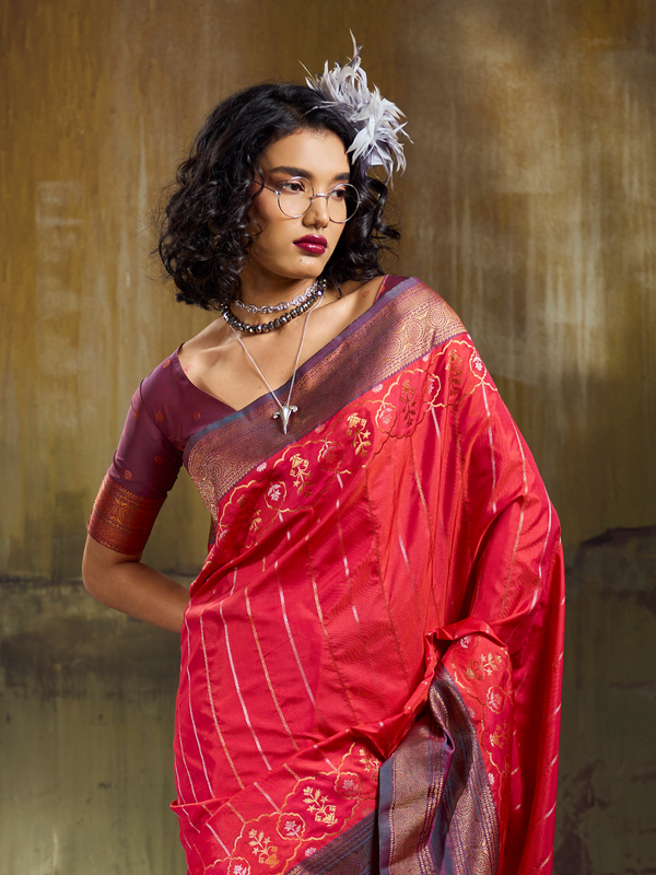 Crimson Red Kanjivaram Silk Saree With Contrast Blouse