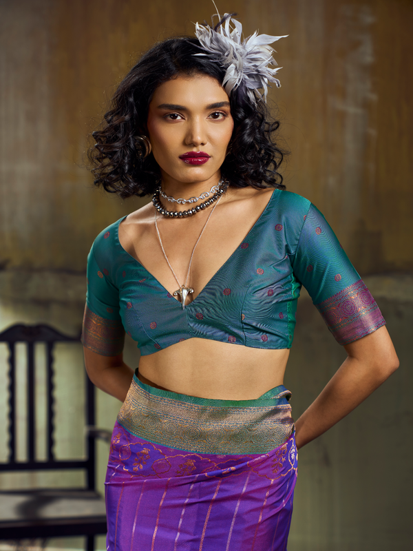 Violet Purple Kanjivaram Silk Saree With Contrast Blouse