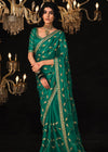 Cadmium Green Heavy Embroidery Designer Silk Saree