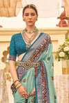 Cambridge Blue Printed Patola Silk Saree