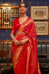 Candy Red Woven Satin Silk Saree