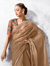 Caramel Brown Embroidered Designer Organza Silk Saree With Contrast Blouse