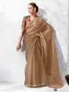 Caramel Brown Embroidered Designer Organza Silk Saree With Contrast Blouse