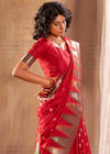 Cardinal Red Woven Banarasi Saree With Temple Border