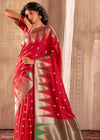 Cardinal Red Woven Banarasi Saree With Temple Border