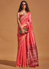 Carmine Pink Handloom Banarasi Silk Saree With Tassels