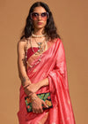 Carmine Pink Handloom Banarasi Silk Saree With Tassels