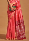 Carmine Pink Handloom Banarasi Silk Saree With Tassels