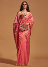 Carmine Pink Handloom Banarasi Silk Saree With Tassels