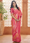 Carmine Pink Woven Banarasi Soft Silk Saree