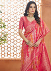 Carmine Pink Woven Banarasi Soft Silk Saree