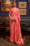 Carmine Pink Woven Satin Silk Saree