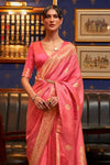 Carmine Pink Woven Satin Silk Saree