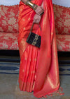 Carnelian Orange Dual Tone Zari Woven Handloom Banarasi Silk Saree