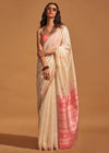 Cashmere White Handloom Banarasi Silk Saree With Tassels