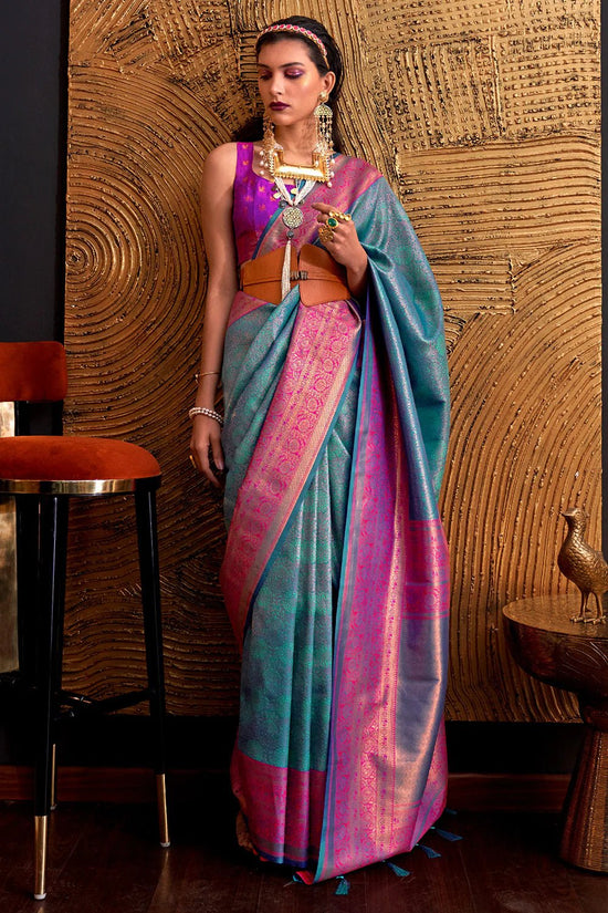 Celadon Blue Woven Kanjivaram Handloom Silk Saree