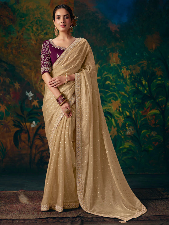 Champagne Beige Embroidered Designer Tissue Silk Saree With Contrast Blouse
