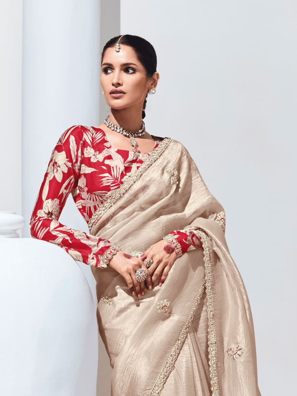 Champagne Beige Embroidered Designer Tissue Silk Saree
